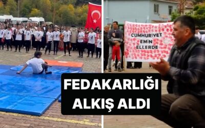 29 Ekim&apos;de Jimnastik Gösterisi Yapan Kızı İçin Yağmurun Islattığı Minderi Atkısıyla Sildi